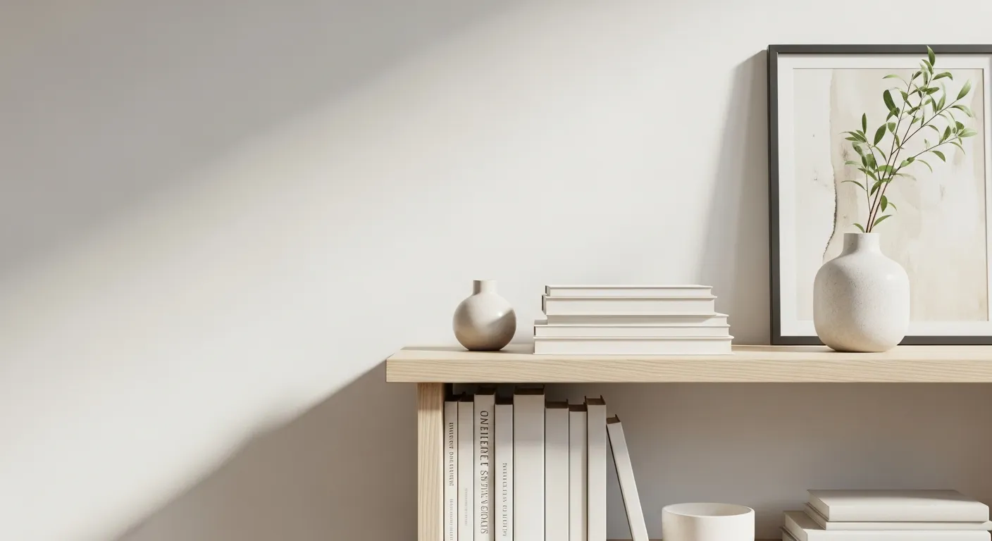 A Perfectly Styled Minimalist Bookshelf With a Sleek Wooden Shelf Features Only a Few Carefully Curated, Aesthetically Pleasing Objects
