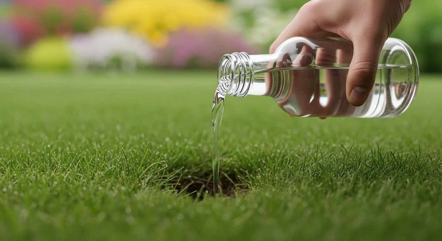 A Person Carefully Pouring White Vinegar From a Clear Glass Bottle Into a Chipmunk Burrow Entrance in a Lush Green Lawn A Person Carefully Pouring White Vinegar From a Clear Glass Bottle Into a Chipmunk Burrow Entrance in a Lush Green Lawn
