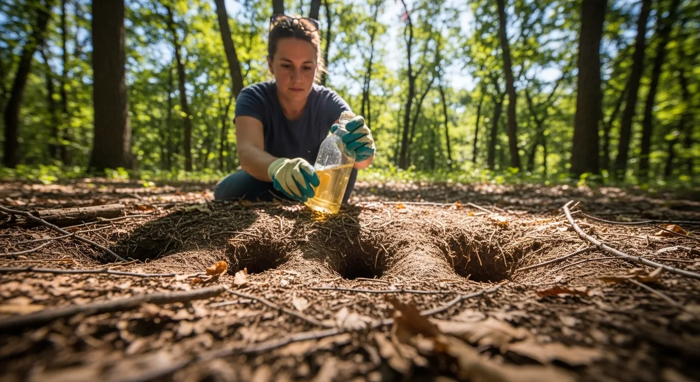 A Person Carefully Spreading Vinegar Near the Entrances of Several Chipmunk Burrows A Person Carefully Spreading Vinegar Near the Entrances of Several Chipmunk Burrows