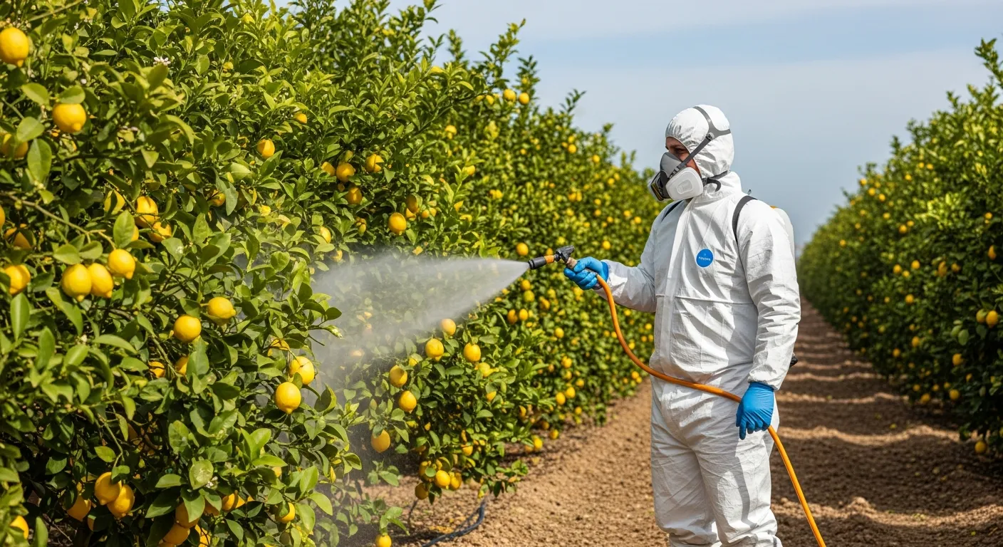 A Person Dressed in a Full-body Protective Suit is Actively Spraying a Fine White Mist From a Hose-connected Nozzle Held in Their Right Hand