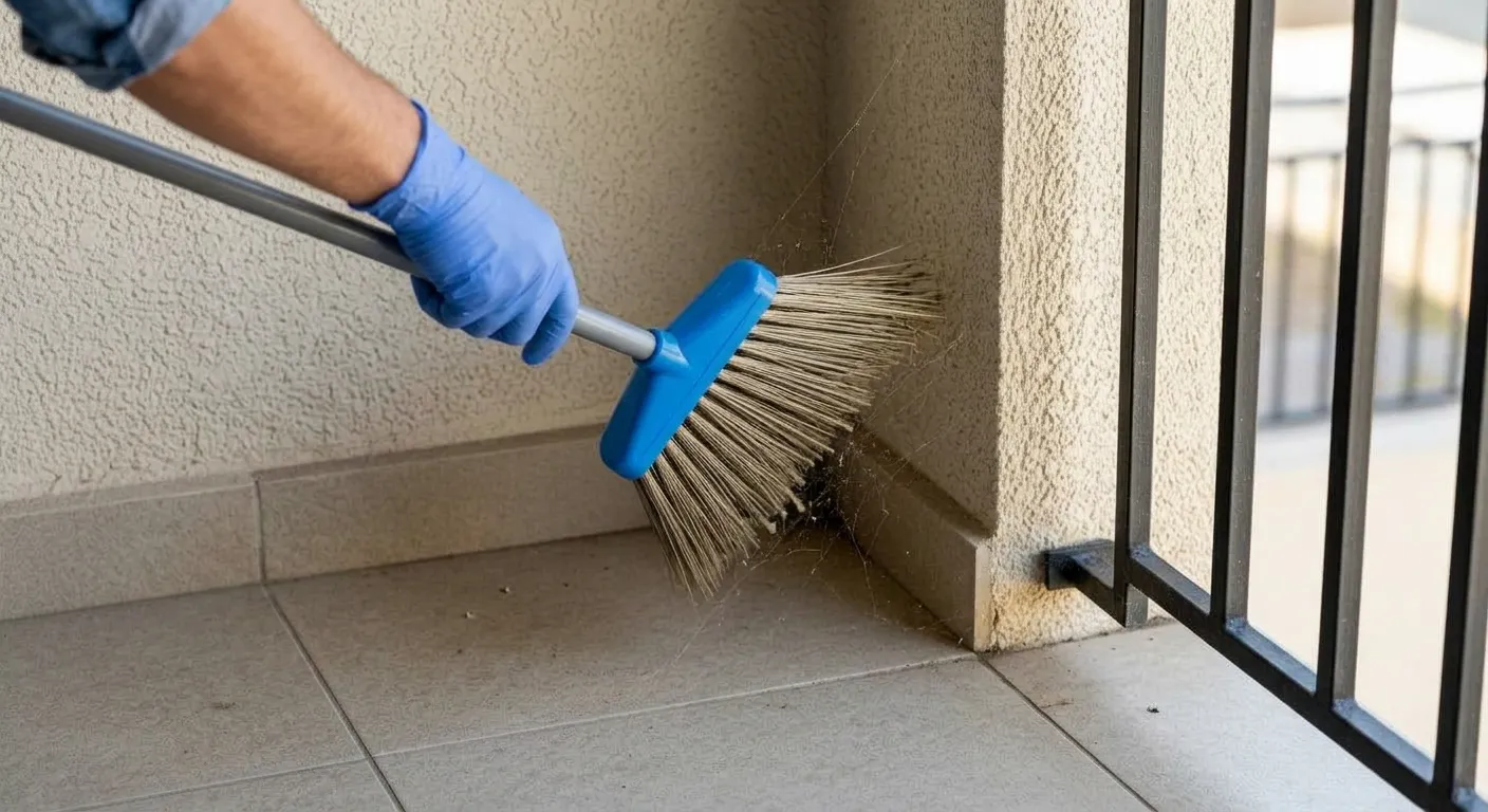 A Person Hand Holding the Broom and Cleaning the Cobweb