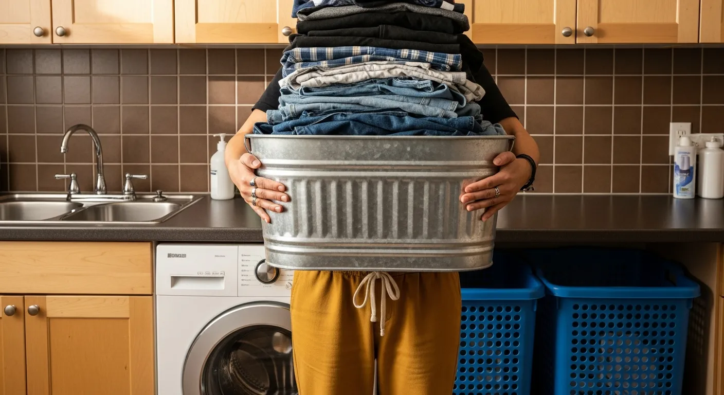 A Person Holding a Large, Heavy, Silver Metallic Laundry Tub Overflowing With a Towering Stack of Assorted Clean and Wrinkled Clothes