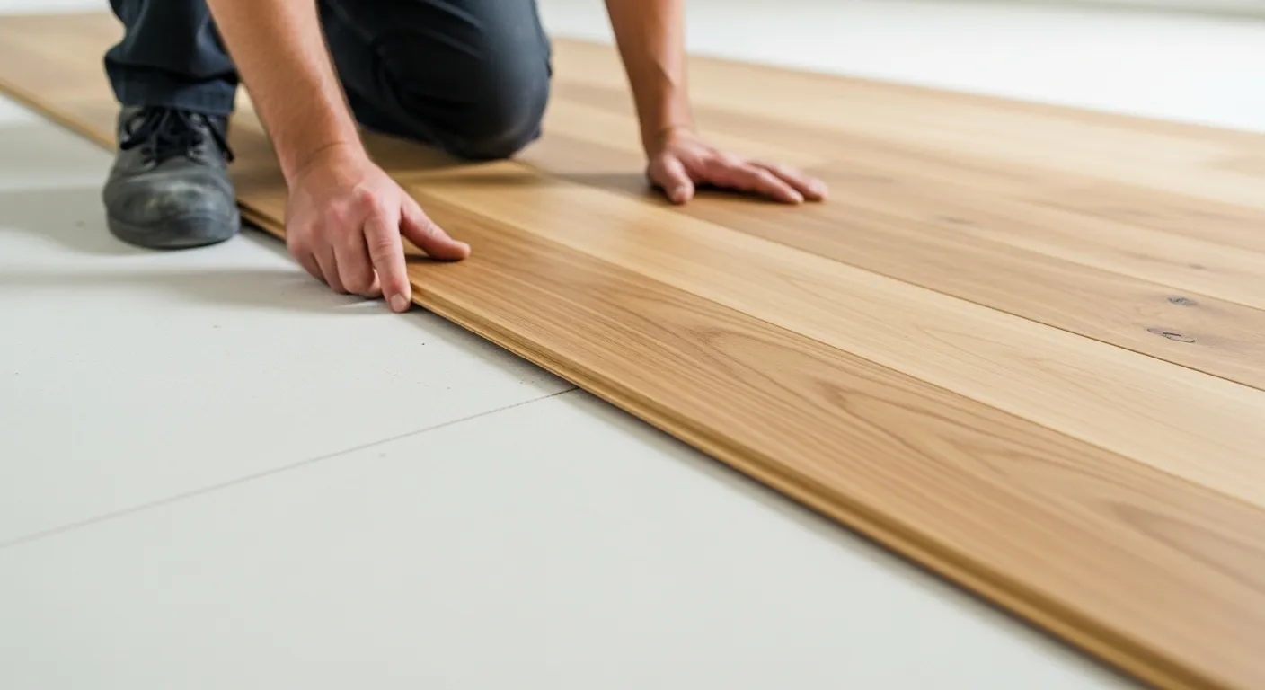 A Person Kneeling on a Light-colored Subfloor, Carefully Installing Light Brown Laminated Wooden Floor Planks