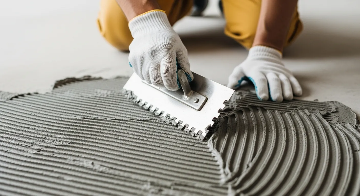 A Person Kneeling on a Light Grey Concrete Floor Meticulously Spreading Thick Grey Tile Adhesive With a Silver Notched Trowel