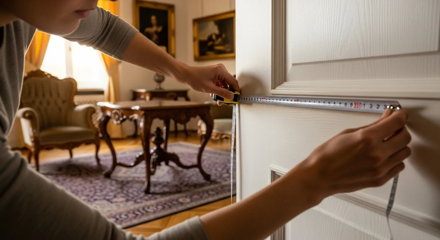 A Person Meticulously Measures a Pristine White Door Using a Measuring Tape A Person Meticulously Measures a Pristine White Door Using a Measuring Tape