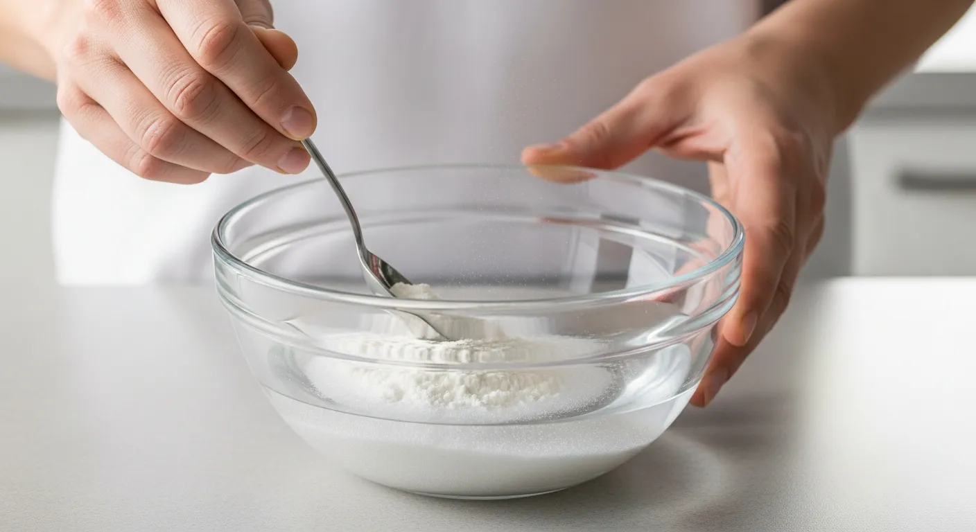 A Person Mixing &frac12; Teaspoon of Boric Acid, 8 Teaspoons of Sugar, and a Little Water in a Clear Bowl.