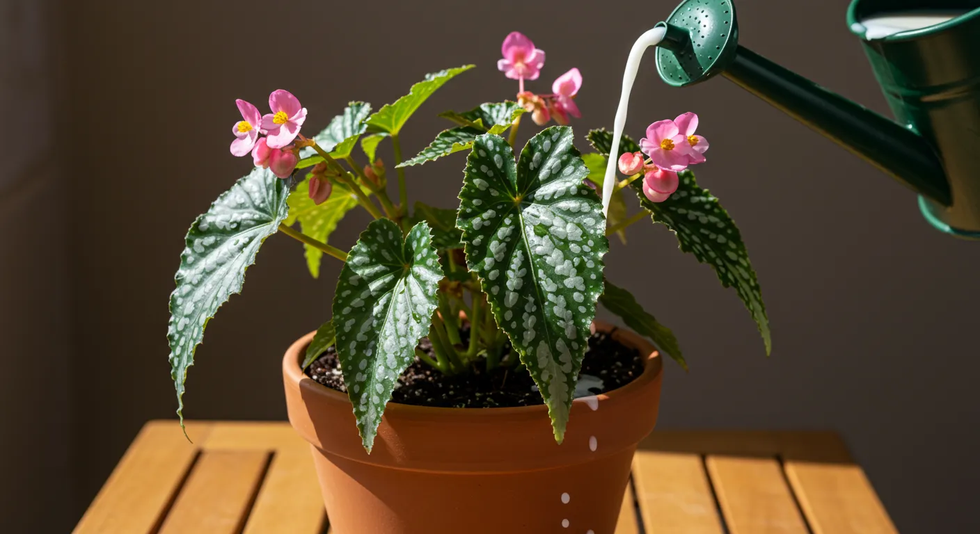 A Person Pouring Milk in an Angel Wing Begonia Plant A Person Pouring Milk in an Angel Wing Begonia Plant