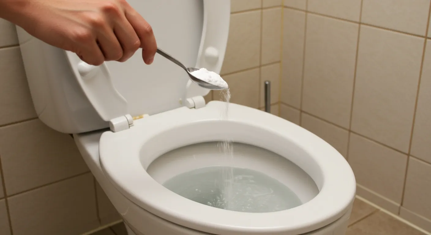 A Person Pouring a Spoon of Baking Soda in Toilet A Person Pouring a Spoon of Baking Soda in Toilet