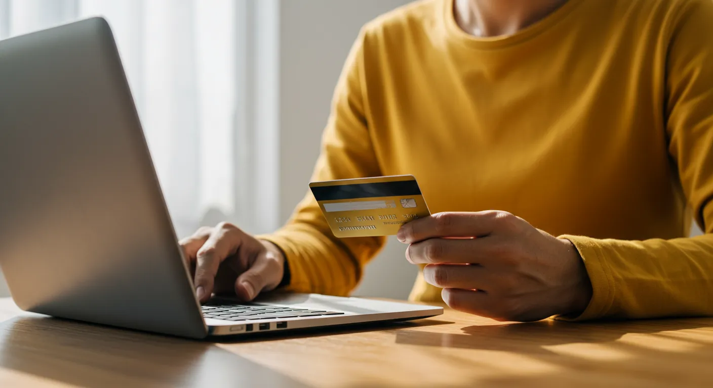 A Person Sits With a Laptop and Holds a Credit Card A Person Sits With a Laptop and Holds a Credit Card