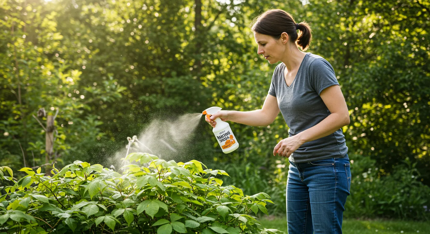 A Person Spraying Baking Soda on Poison Ivy Plant A Person Spraying Baking Soda on Poison Ivy Plant