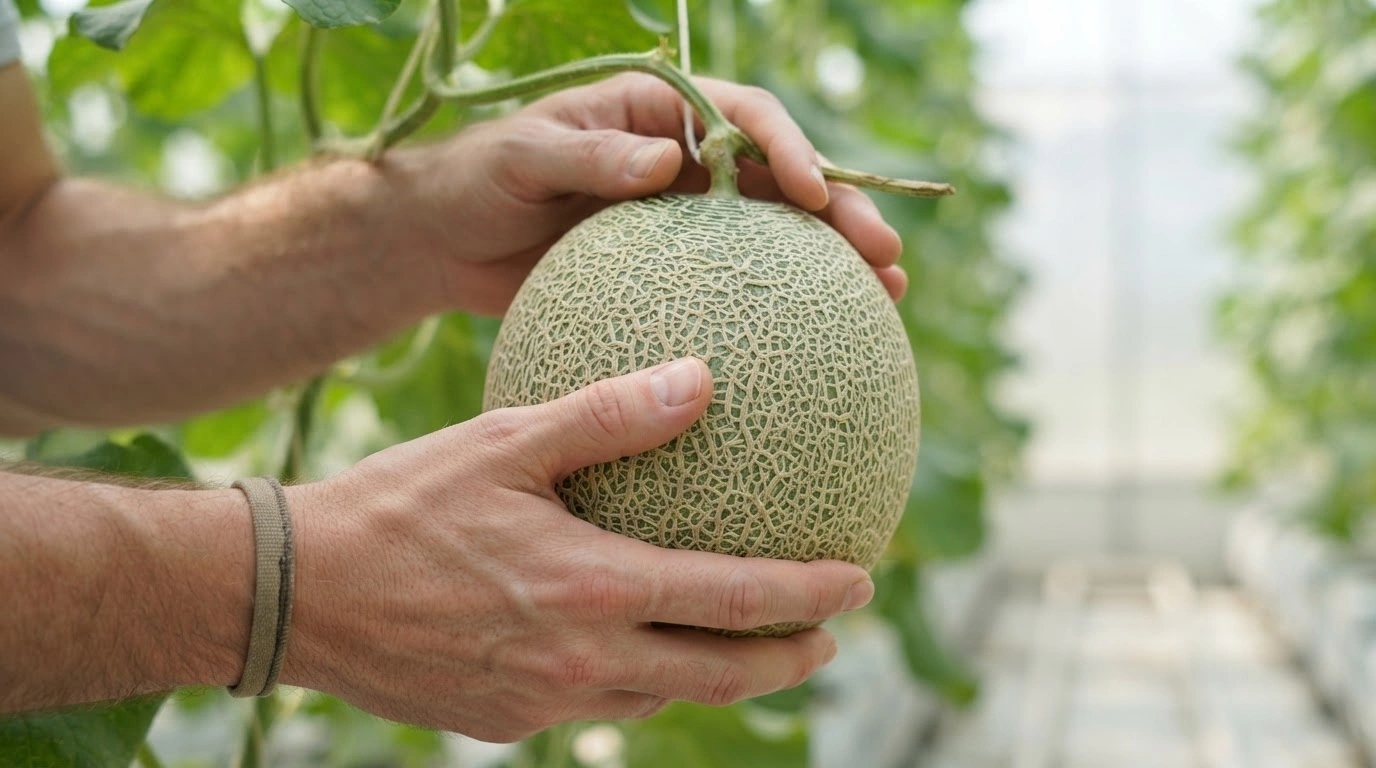 A Person Tenderly Cradling a Perfectly Ripe Cantaloupe Melon