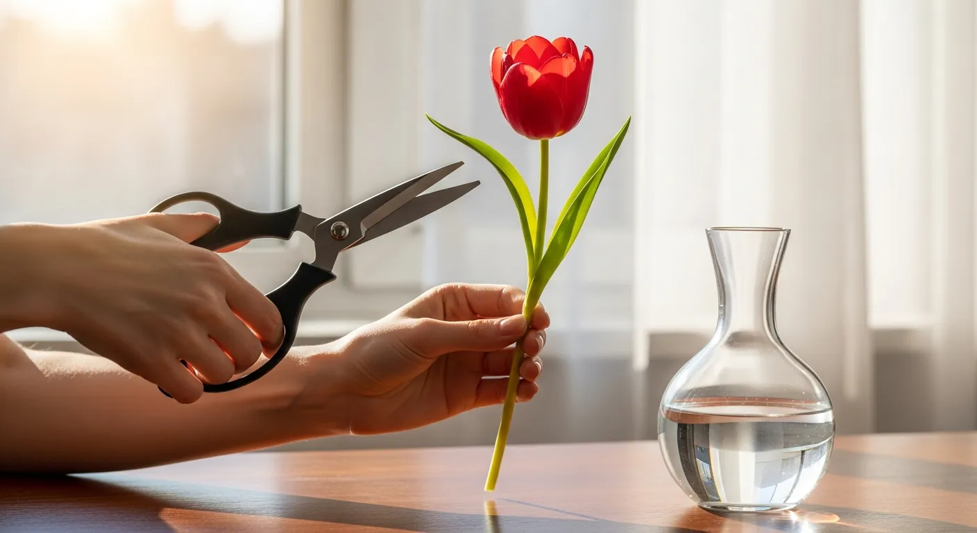 A Person Trimming a Red Tulip Stem