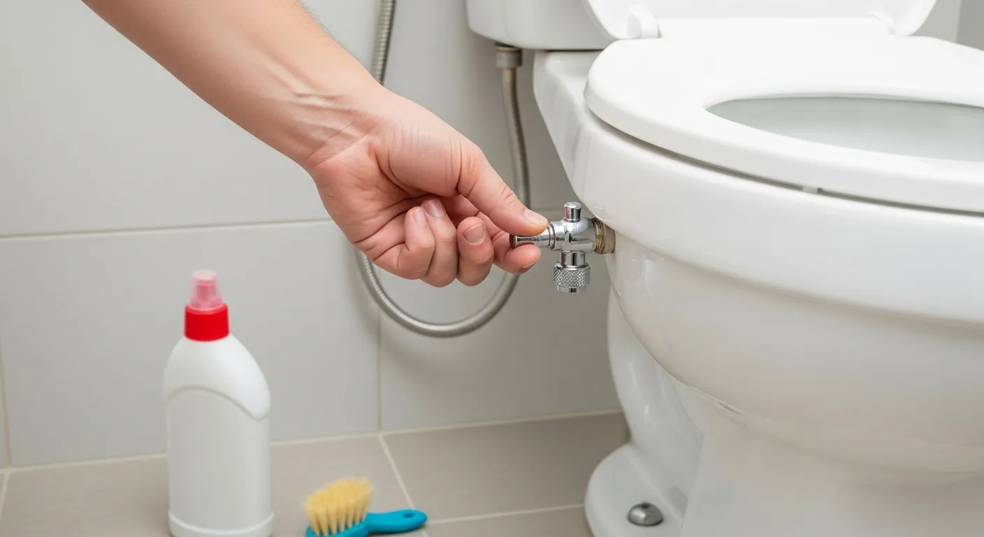 A Person Turning Off the Water Supply Once of the Toilet A Person Turning Off the Water Supply Once of the Toilet