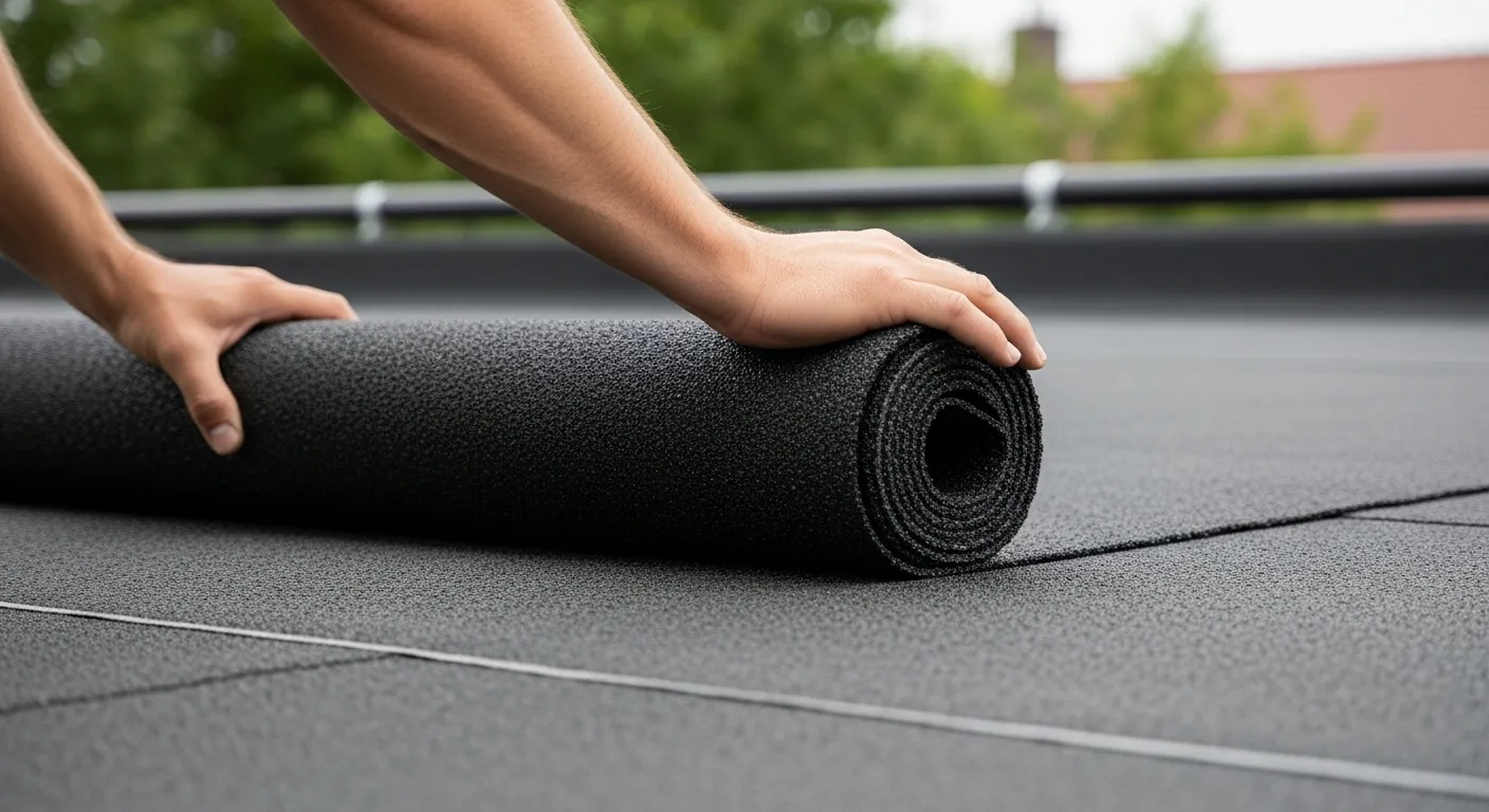 A Person Unrolling a Thick, Flexible, Black Granular Roofing or Waterproofing Membrane
