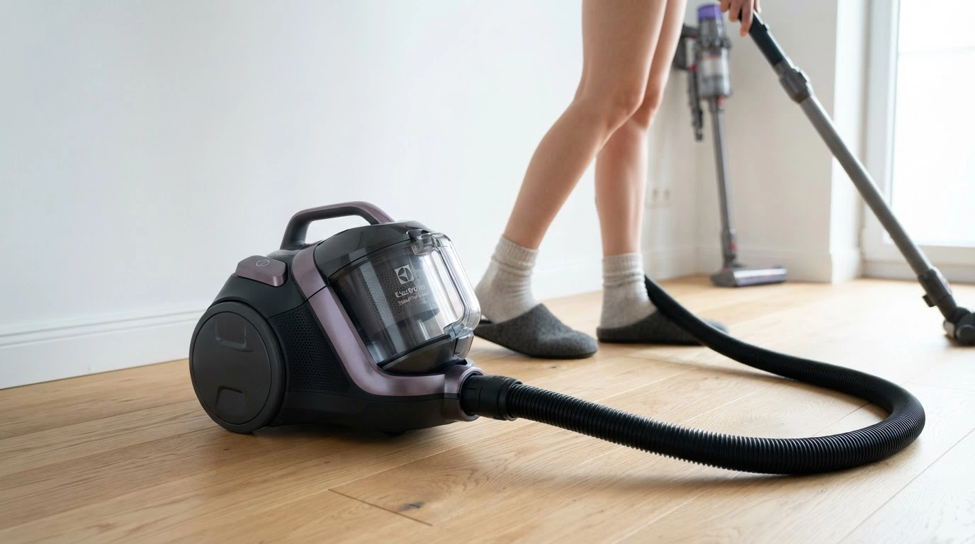 A Person is Cleaning the Living Room With Modern Dark Grey and Metallic Purple Canister Vacuum Cleaner