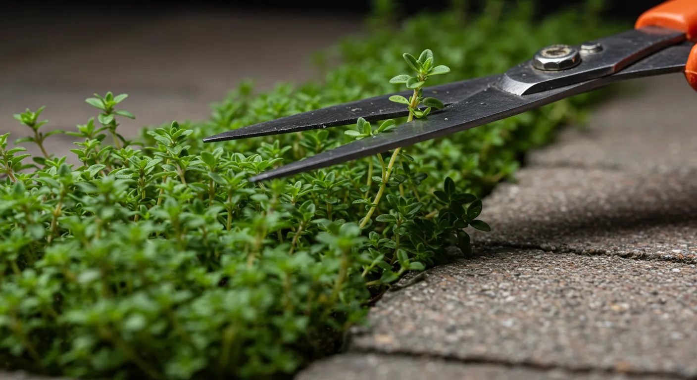 A Person is Trimming Thyme grown Between Pavers A Person is Trimming Thyme grown Between Pavers