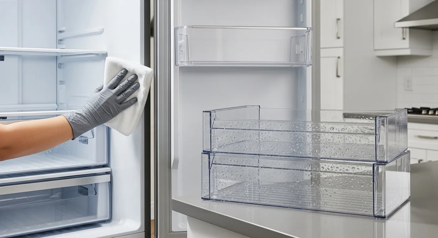 A Person's Gloved Hand Meticulously Wiping the Pristine White Interior of a Modern, Open Stainless Steel Refrigerator With a Soft, Clean Cloth