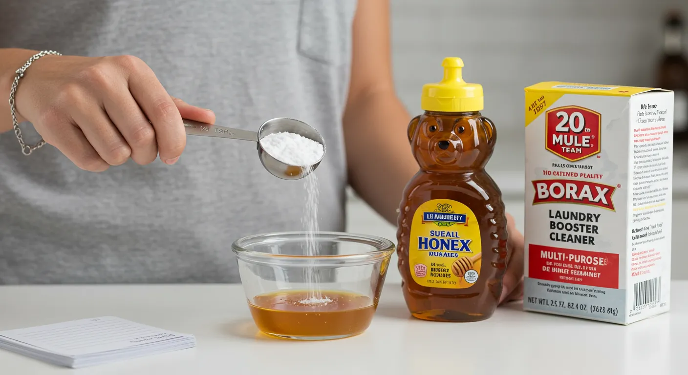 A Person's Hand, Actively Pouring Fine White Granular Powder, Identified as Borax, From a Shiny Stainless Steel Measuring Spoon