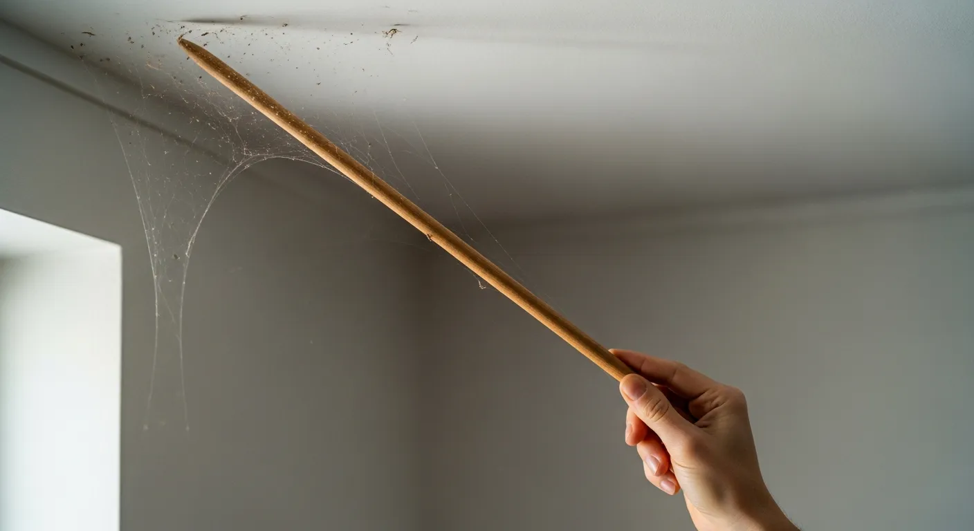 A Person's Hand Reaching Upwards With a Long, Slender, Polished Wooden Dowel Gently Dislodges Delicate, Intricate Cobwebs From the Upper Corner
