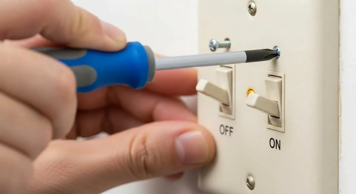 A Person's Hand Using a Screwdriver to Turn a Screw on an Old, Off-white Electrical Light Switch Mounted on a Plain White Wall