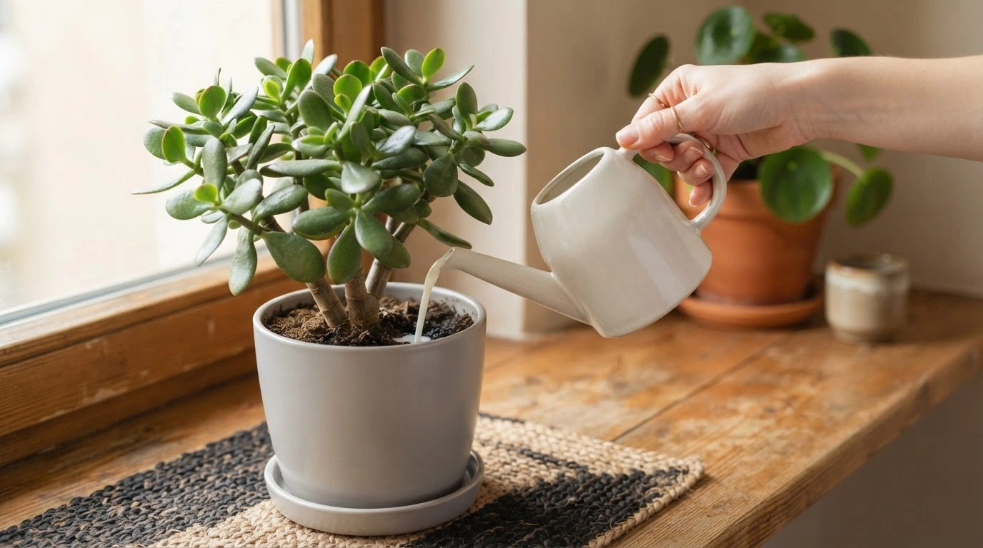 A Person's Hand is Actively Pouring Milk Into the Soil of a Healthy, Vibrant Green Jade Plant