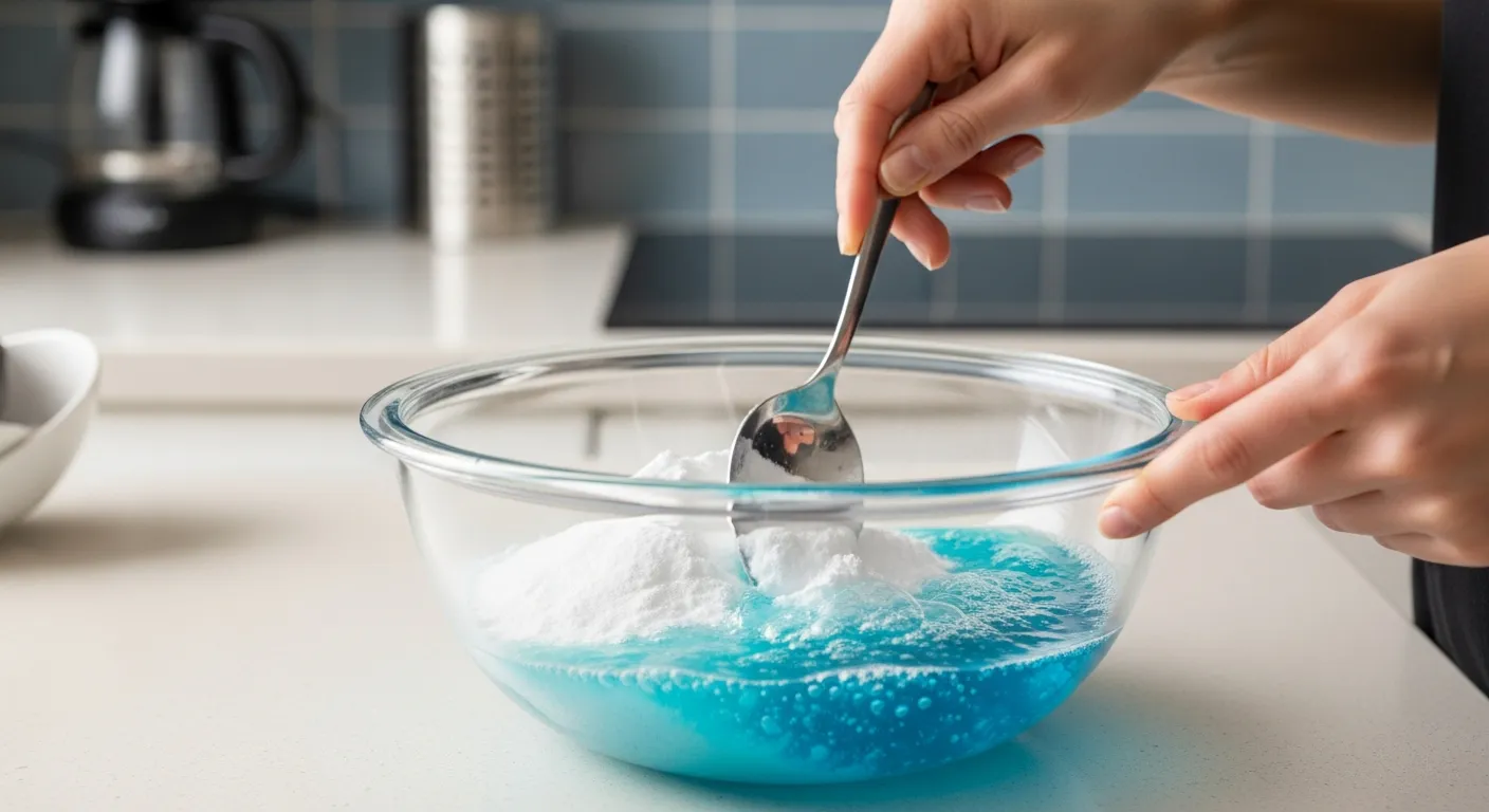 A Person's Hands Are Precisely Stirring a Clear Glass Bowl Containing Effervescent White Baking Soda Powder and Vibrant Blue Liquid Dish SOAP