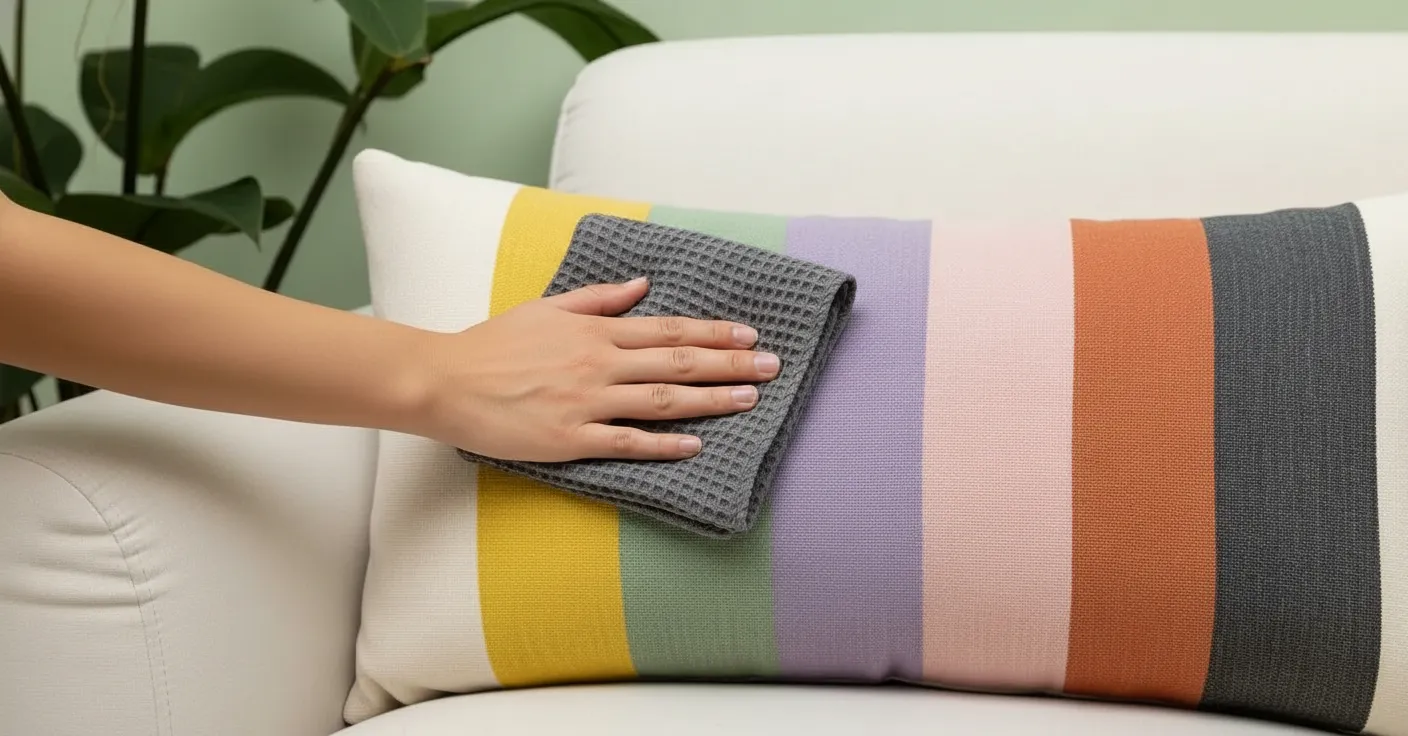A Person's Hands Cleaning a Rectangular Throw Pillow With a Folded, Small, Dark Grey Waffle-textured Microfiber Cleaning Cloth