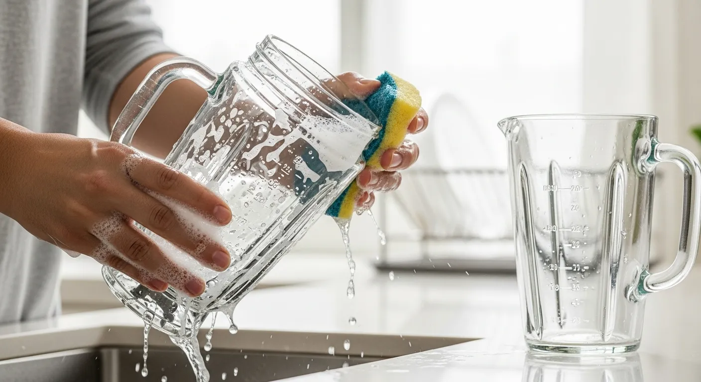 A Person's Hands Diligently Scrubbing a Clear Glass Blender JAR With a Soapy Sponge, Glistening With Suds