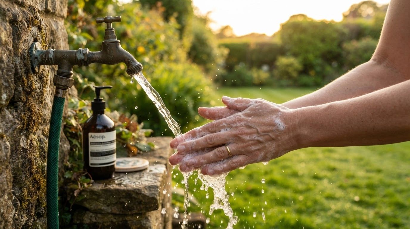 A Person's Hands Diligently Washing With Abundant White Soap Lather Under a Clear, Strong Stream of Water From an Outdoor Garden Faucet