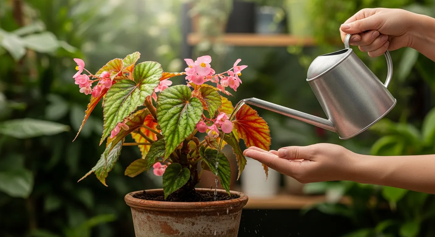 A Person's Hands, Gently Watering a Vibrant Angel Wing Begonia Plant