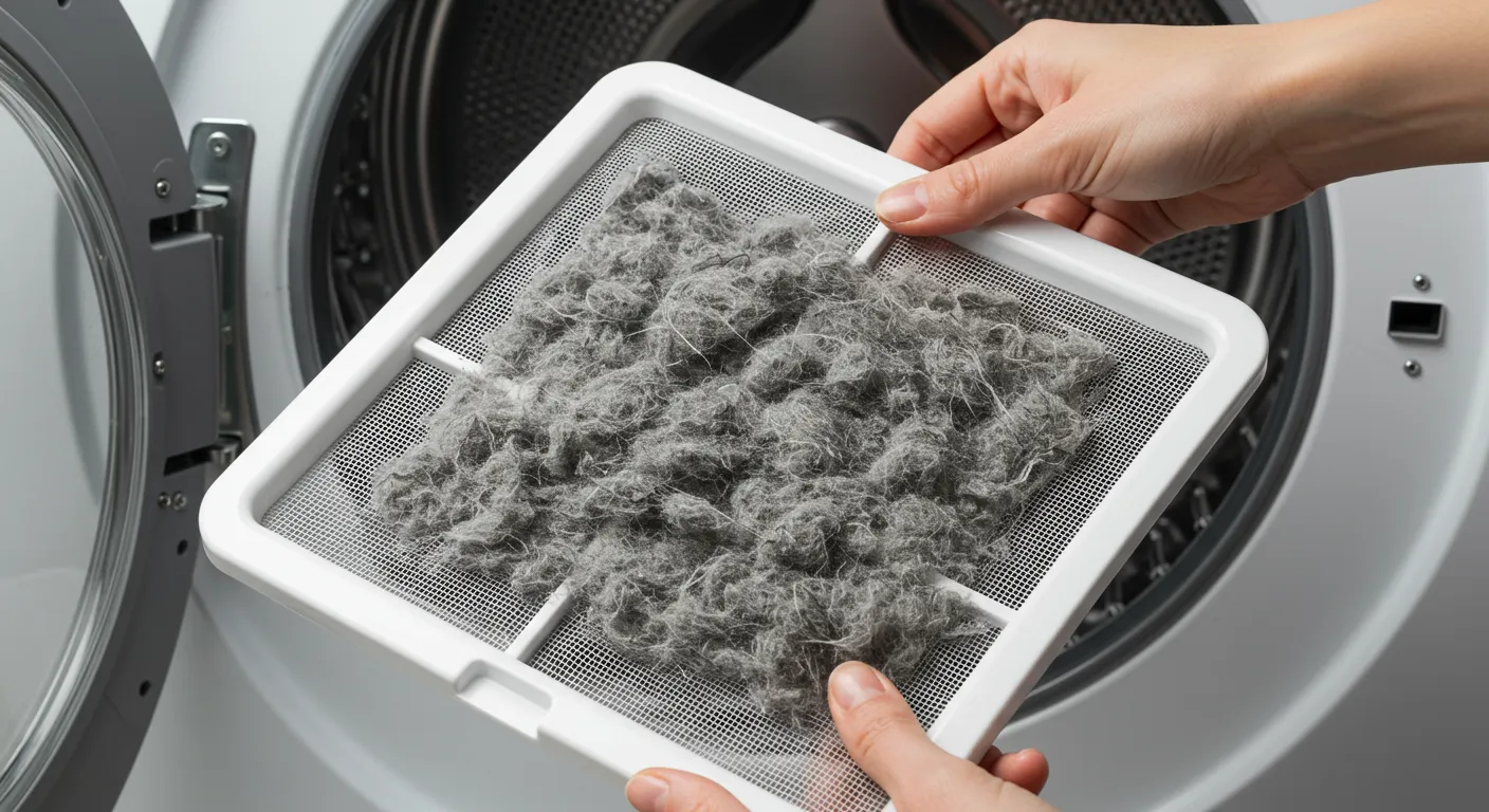 A Person's Hands Holding a White Plastic Dryer Lint Screen Densely Packed With Gray Dryer Lint A Person's Hands Holding a White Plastic Dryer Lint Screen Densely Packed With Gray Dryer Lint
