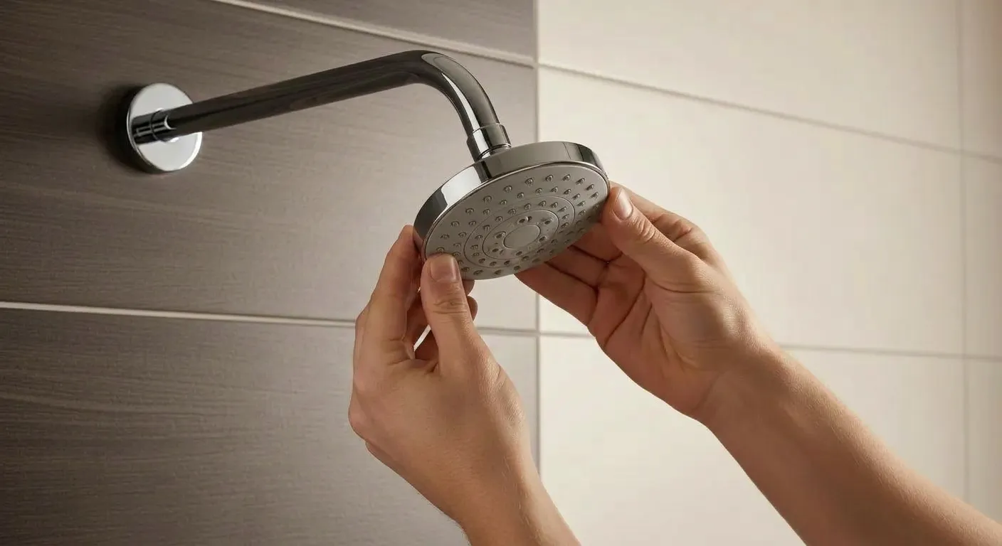 A Person's Hands Meticulously Check a Sleek, Circular Chrome Shower Head