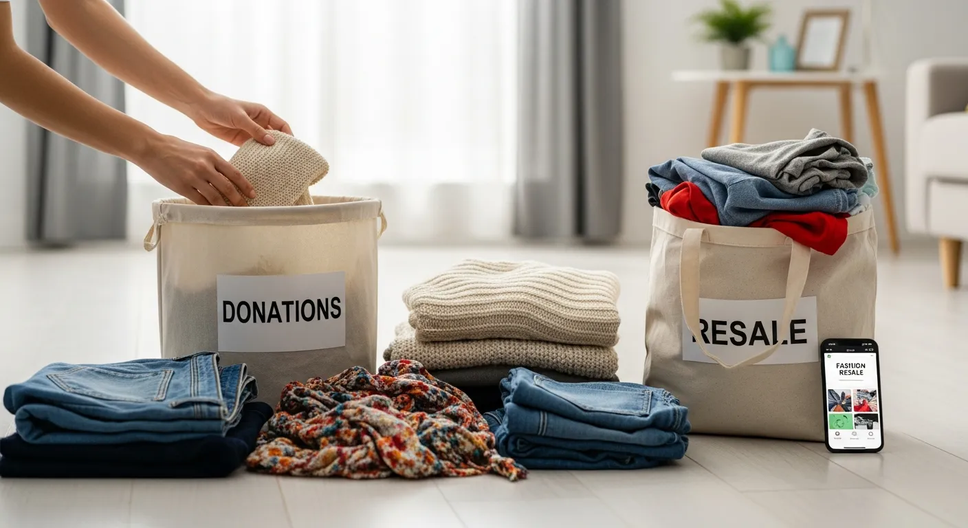 A Person's Hands Meticulously Sorting a Diverse Pile of Used Clothing and Accessories on a Clean, Light Wooden Floor