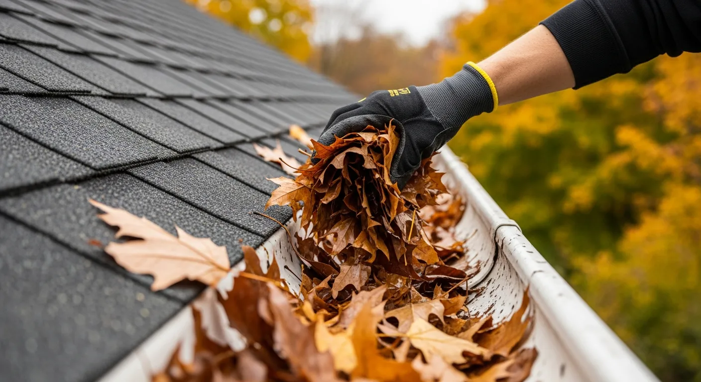 A Person's Right Hand, Clad in a Dark Work Glove With Subtle Yellow Accents, Diligently Reaching Into a Grimy, Off-white Rain Gutter