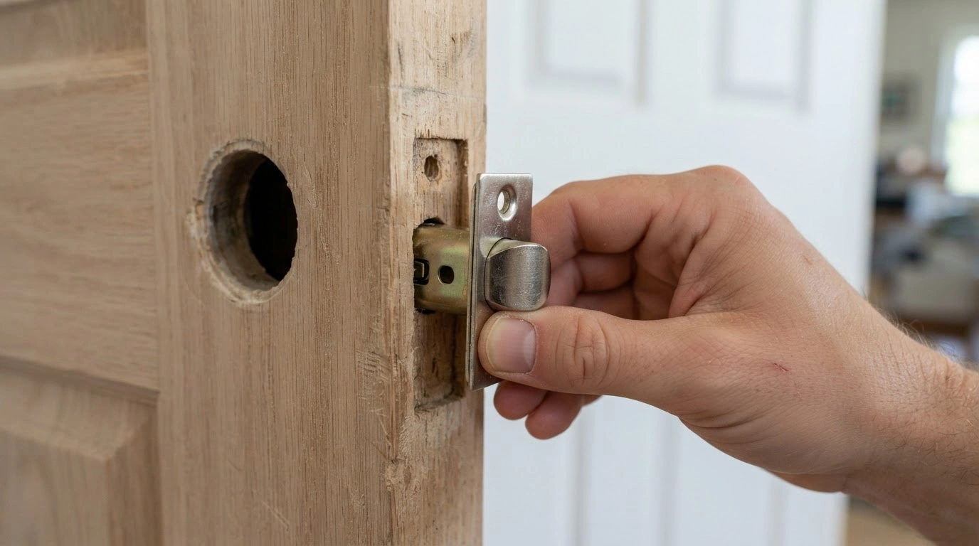 A Person's Right Hand in the Act of Installing a Door Latch Mechanism