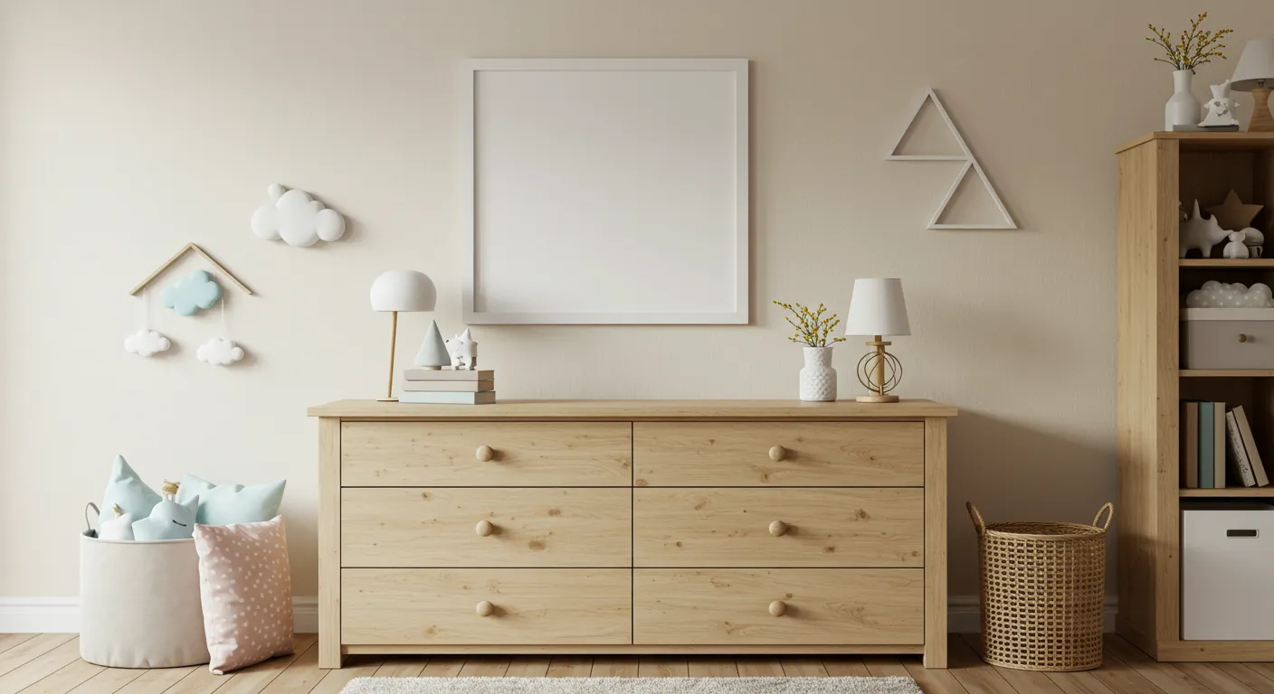 A Pine Wood Drawers Placed Against Cream Walls A Pine Wood Drawers Placed Against Cream Walls