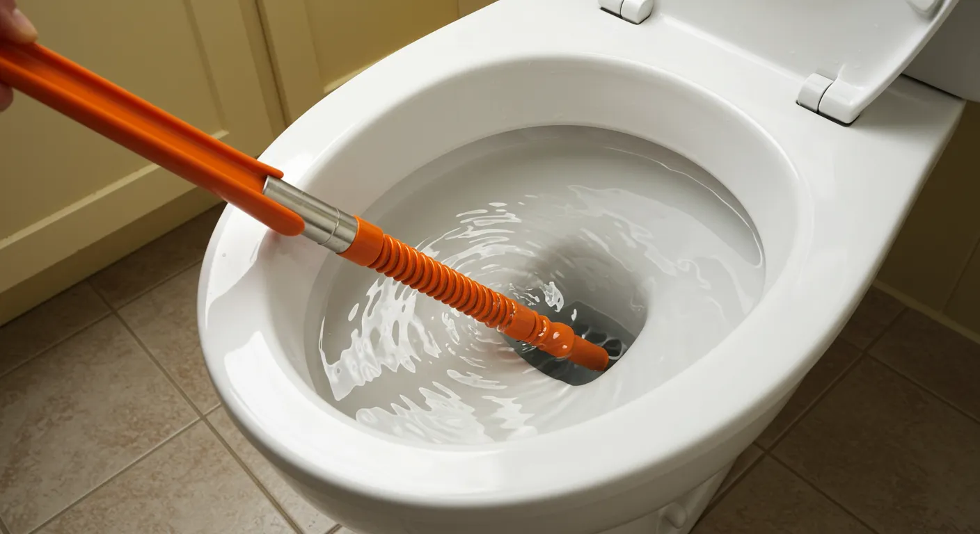 A Plumber's Snake Tool Snaking Down a Toilet Drain A Plumber's Snake Tool Snaking Down a Toilet Drain