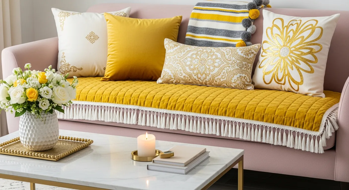 A Plush, Light Pink Three Seat Couch With Subtly Curved Arms, Covered With a Yellow Velvet Seat Protector Fringed With Throw Pillows