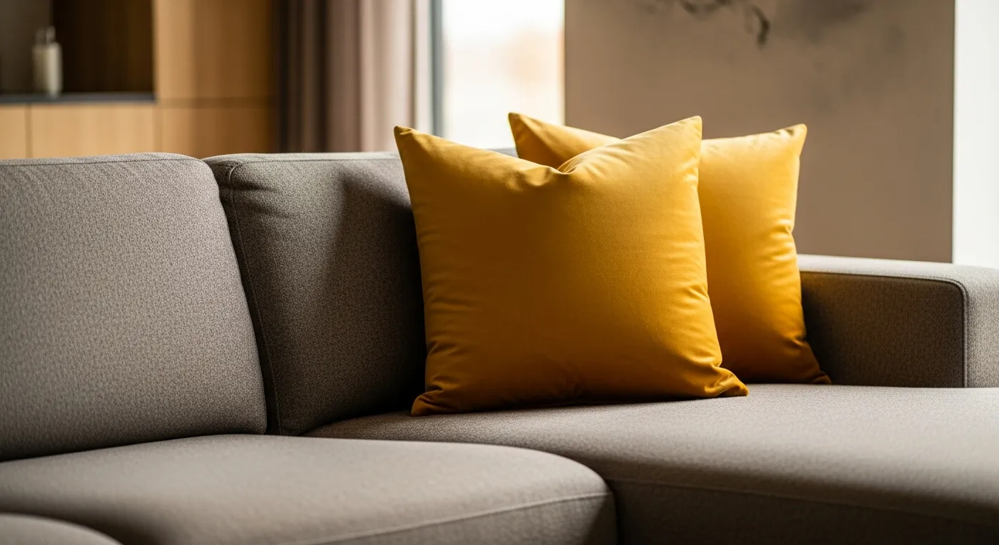A Plush Neutral Gray Fabric Sectional Sofa, With Two Vibrant Mustard-yellow Velvet Throw Pillows Artfully Arranged on the Deep Seat