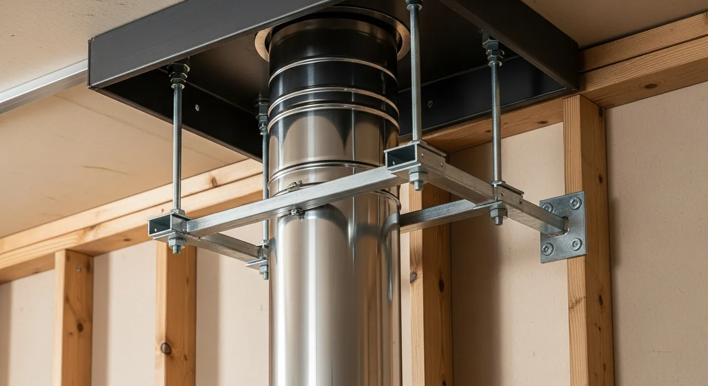 A Pristine, Industrial-grade Stainless Steel Chimney Pipe, Insulated and Rigidly Vertical, Rising From a Robust, Dark Metal Ceiling Support Box