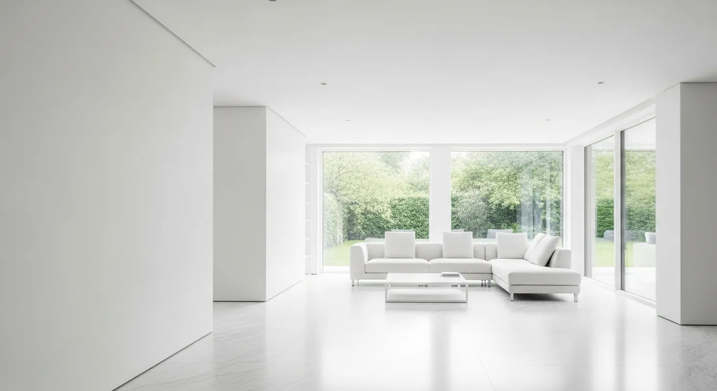 A Pristine, Minimalist, All-white Contemporary Living Room Designed for Ultimate Spaciousness and Light