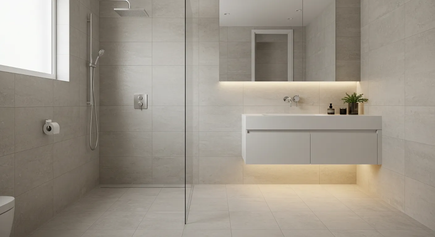 A Pristine, Minimalist Luxury Bathroom Interior, Showcasing Durable, Seamless Large-format Matte Porcelain Tiles in a Soft Greige