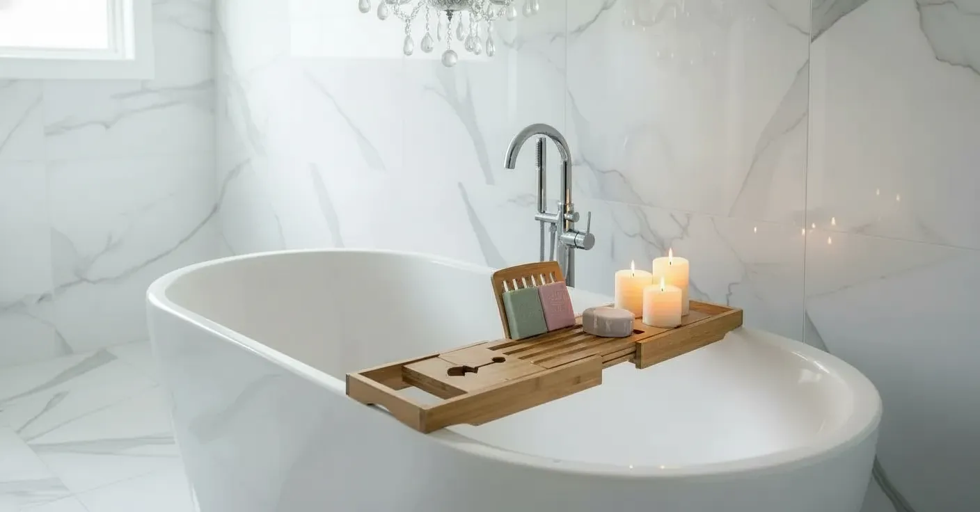 A Pristine, Modern, Sleek White Soaking Tub, Made of Polished Ceramic, Serves as the Elegant Centerpiece of a Luxurious, Minimalist Bathroom