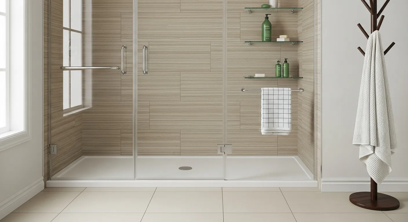 A Pristine, Modern Walk-in Shower With a Large Glass Door