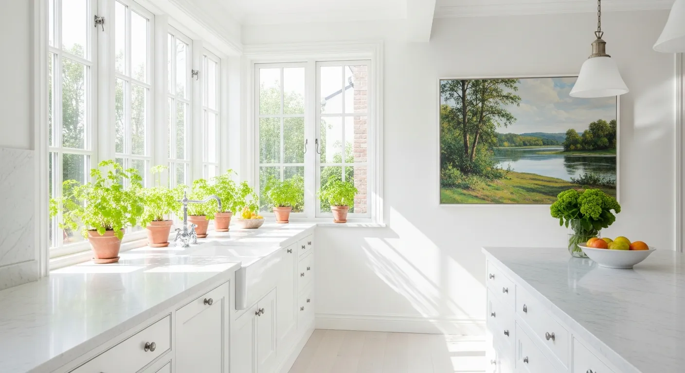 A Pristine, Serene White Country Kitchen, Bathed in Abundant, Soft Natural Sunlight Streaming Through Large Windows