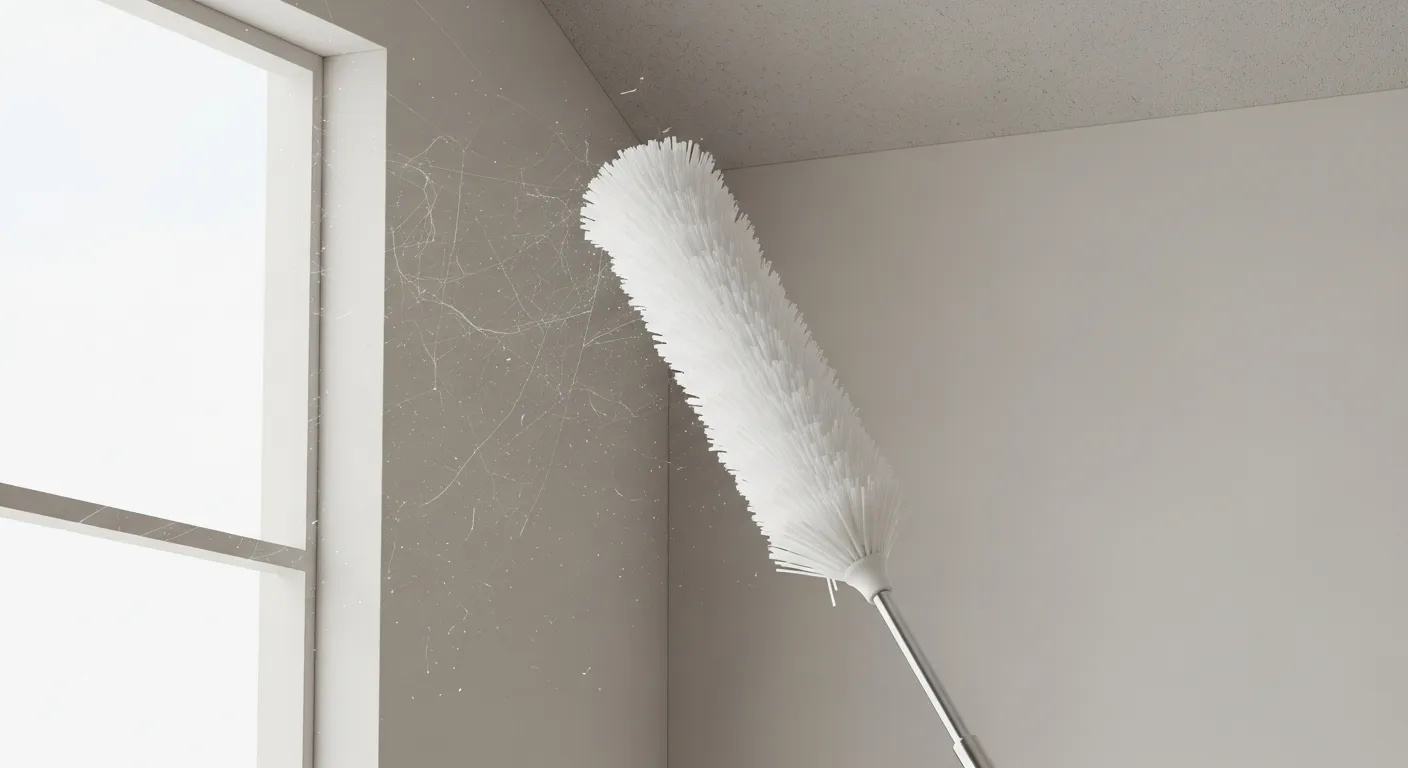 A Pristine White Microfiber Cobweb Duster Reaching Into the High, Vaulted Corner of a Room for Cleaning Cobwebs