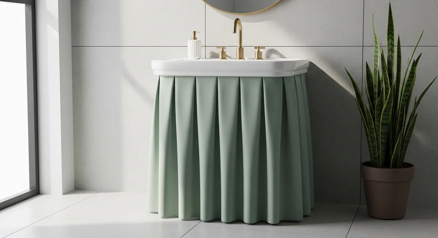 A Pristine White Porcelain Pedestal Sink, Elegantly Adorned With a Custom-tailored Skirt