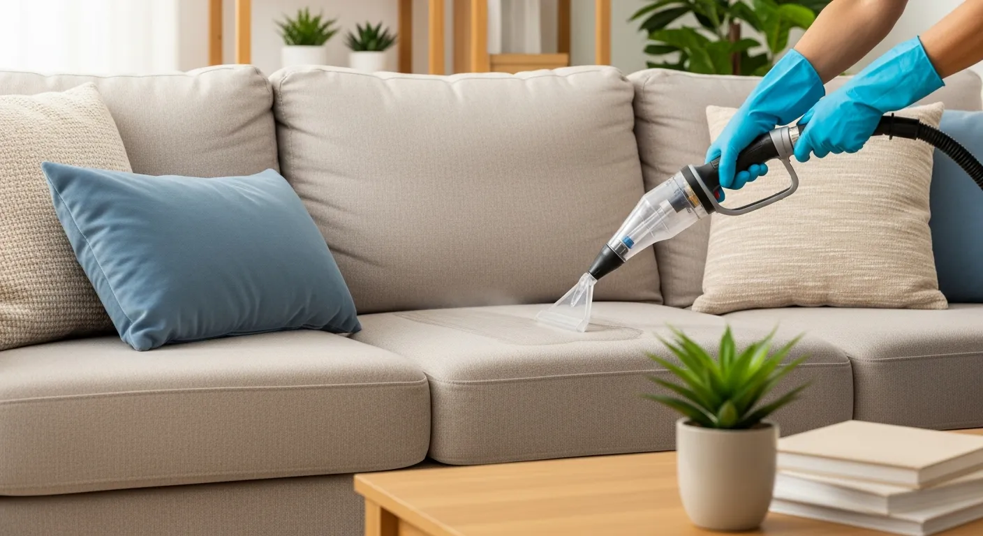 A Professional Cleaner's Gloved Hands Meticulously Operating an Upholstery Cleaning Machine on a Light Beige Fabric Sectional Sofa
