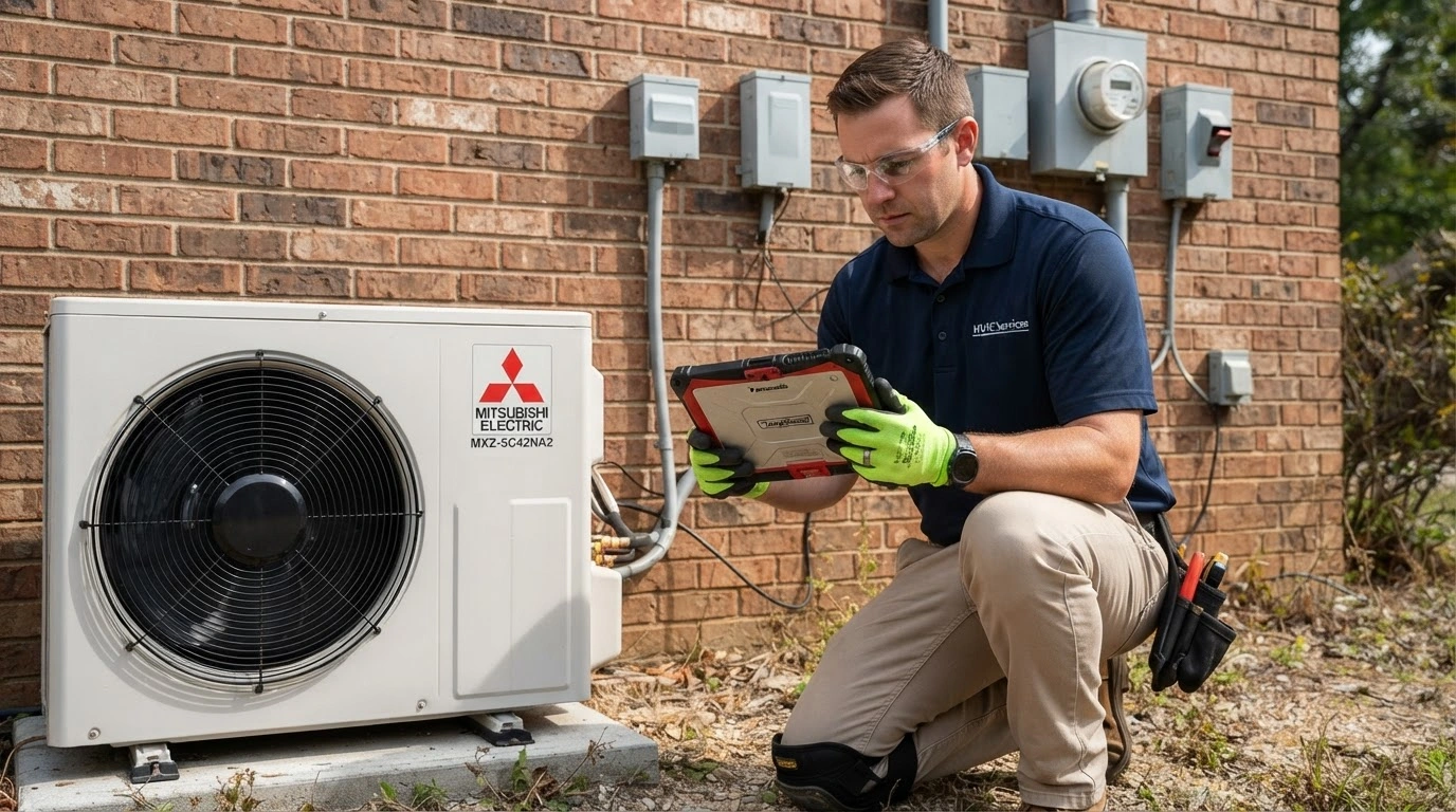 A Professional Male Hvac Technician, Next to a Modern, White Mitsubishi Electric Outdoor Air Conditioning Unit