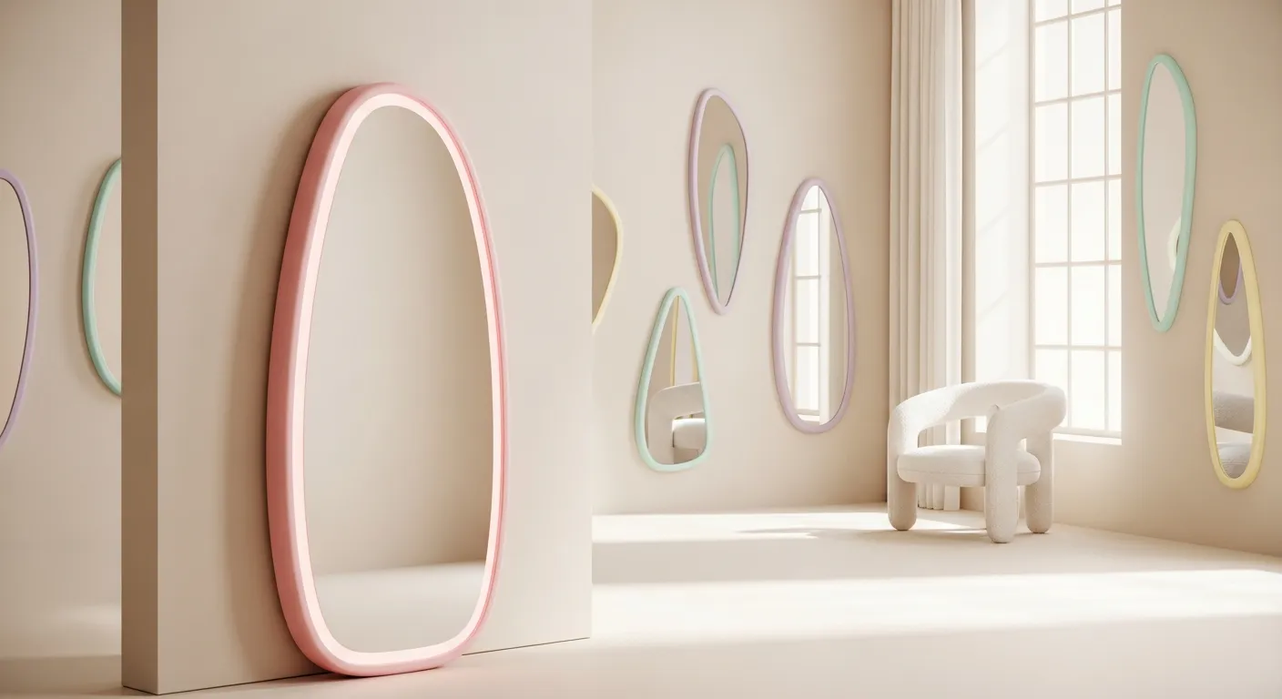 A Prominent, Elegant Curvy 'Ultrafragola' Mirror, Rendered in Soft Pastel Pink With a Subtle Luminous Glow